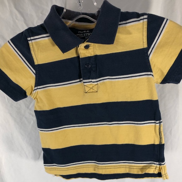 Boys 4T Place Athletics Dept polo t-shirt yellow and blue rugby stripes - Picture 1 of 8